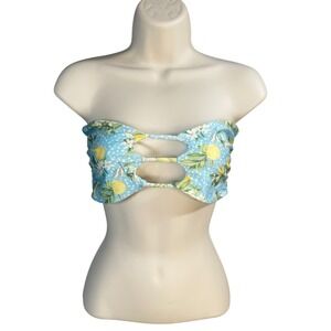 JMP The Label Lemon Print Bandeau Bikini Top Womens Large Blue Cut Out Strapless